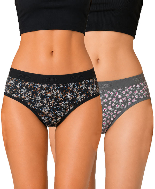 T.T. Women|Cotton|Mid-Rise|Full Coverage Desire Printed Briefs For Daily Wear|Soft Breathable Comfortable Panty|Pack Of 2|Black,Grey