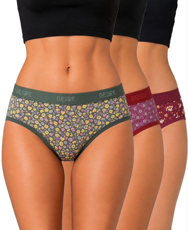 T.T. Women|Cotton|Mid-Rise|Full Coverage Desire Printed Briefs For Daily Wear|Soft Breathable Comfortable Panty|Pack Of 3|Green,Maroon,Red