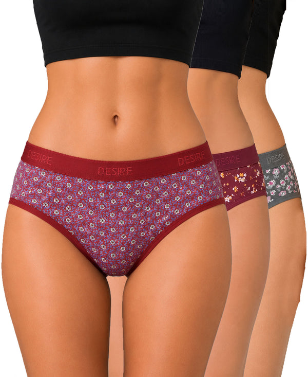 T.T. Women|Cotton|Mid-Rise|Full Coverage Desire Printed Briefs For Daily Wear|Soft Breathable Comfortable Panty|Pack Of 3|Maroon,Red,Grey