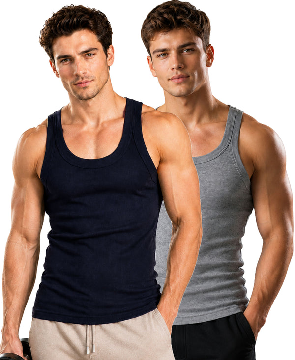 T.T. Men|Desire Premium Gym Vest|Pure Cotton|Rib Fabric|Moisture-Wicking, Breathable & Stretchable Sleeveless Undershirt| Ideal For Gym, Sports & Daily Wear|Pack Of 2|Navy,Grey Melange