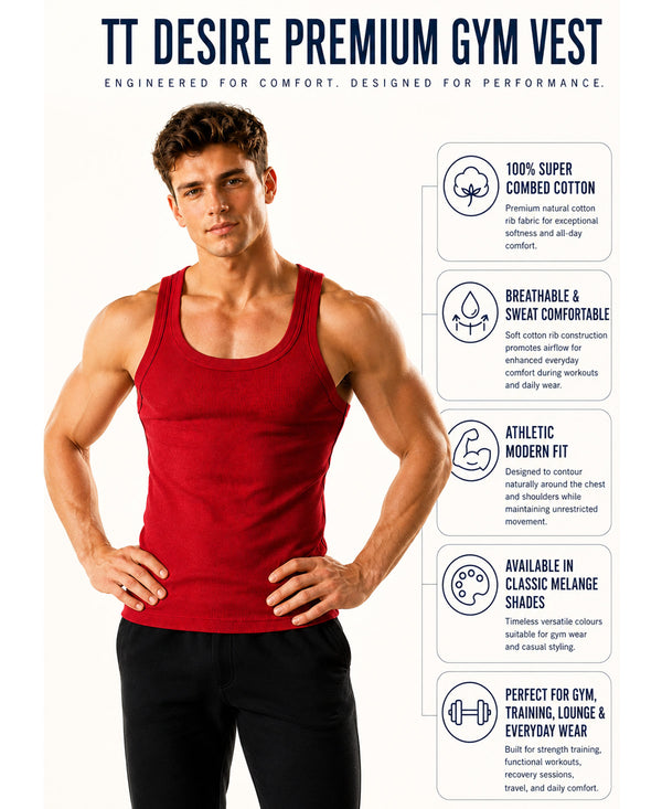 T.T. Men|Desire Premium Gym Vest|Pure Cotton|Rib Fabric|Moisture-Wicking, Breathable & Stretchable Sleeveless Undershirt| Ideal For Gym, Sports & Daily Wear|Pack Of 2|Black,Red