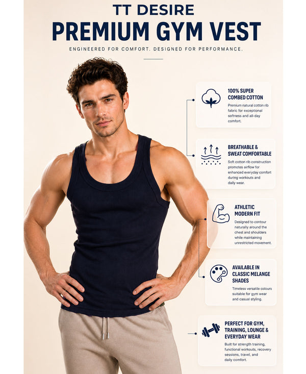 T.T. Men|Desire Premium Gym Vest|Pure Cotton|Rib Fabric|Moisture-Wicking, Breathable & Stretchable Sleeveless Undershirt| Ideal For Gym, Sports & Daily Wear|Pack Of 2|Black,Navy