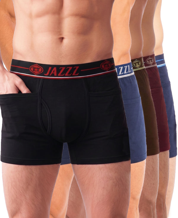 T.T. Jazzz Men’S Cotton Trunk With Outer Pocket|Comfortable Fit|Top Elastic Waistband|Pack Of 5|Black,Blue,Brown,Maroon,Navy