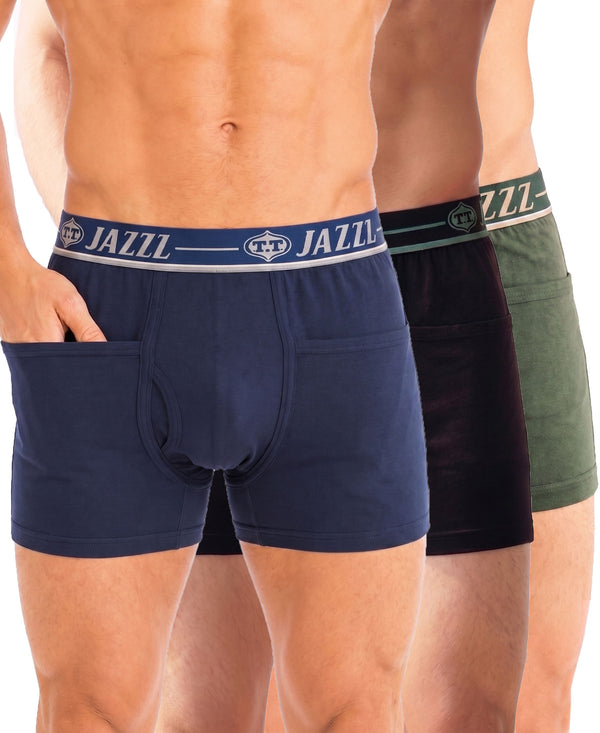 T.T. Jazzz Men’S Cotton Trunk With Outer Pocket|Comfortable Fit|Top Elastic Waistband|Pack Of 3|Blue,Dark Brown,Green
