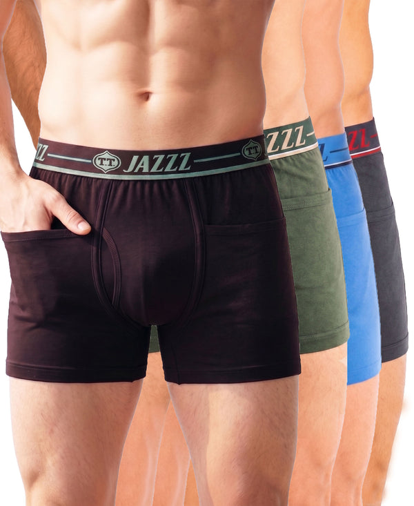 T.T. Jazzz Men’S Cotton Trunk With Outer Pocket|Comfortable Fit|Top Elastic Waistband|Pack Of 4|Dark Brown,Green,Sky Blue,Dark Grey