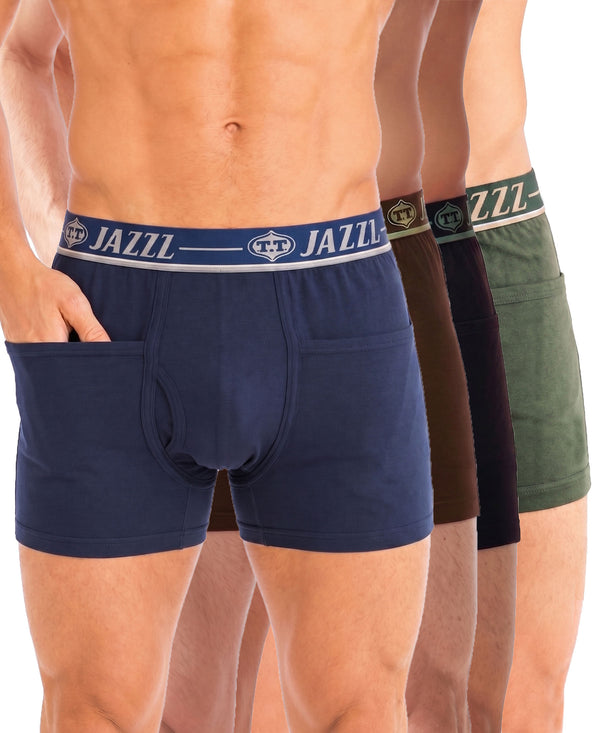T.T. Jazzz Men’S Cotton Trunk With Outer Pocket|Comfortable Fit|Top Elastic Waistband|Pack Of 4|Blue,Brown,Dark Brown,Green