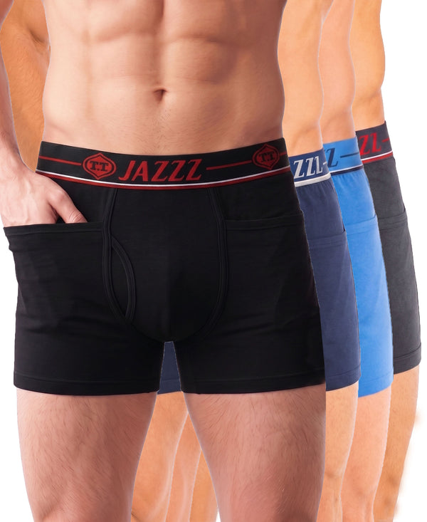 T.T. Jazzz Men’S Cotton Trunk With Outer Pocket|Comfortable Fit|Top Elastic Waistband|Pack Of 4|Black,Blue,Sky Blue,Dark Grey