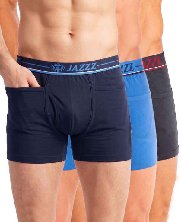 T.T. Jazzz Men’S Cotton Trunk With Outer Pocket|Comfortable Fit|Top Elastic Waistband|Pack Of 3|Navy,Sky Blue,Dark Grey