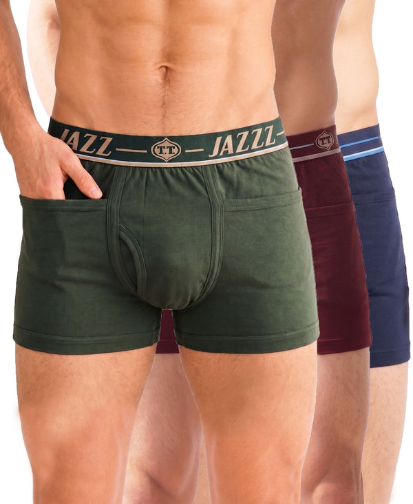 T.T. Jazzz Men’S Cotton Trunk With Outer Pocket|Comfortable Fit|Top Elastic Waistband|Pack Of 3|Green,Maroon,Navy