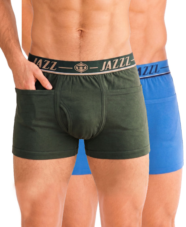 T.T. Jazzz Men’S Cotton Trunk With Outer Pocket|Comfortable Fit|Top Elastic Waistband|Pack Of 2|Green,Sky Blue