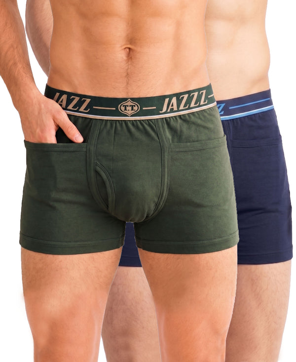 T.T. Jazzz Men’S Cotton Trunk With Outer Pocket|Comfortable Fit|Top Elastic Waistband|Pack Of 2|Green,Navy