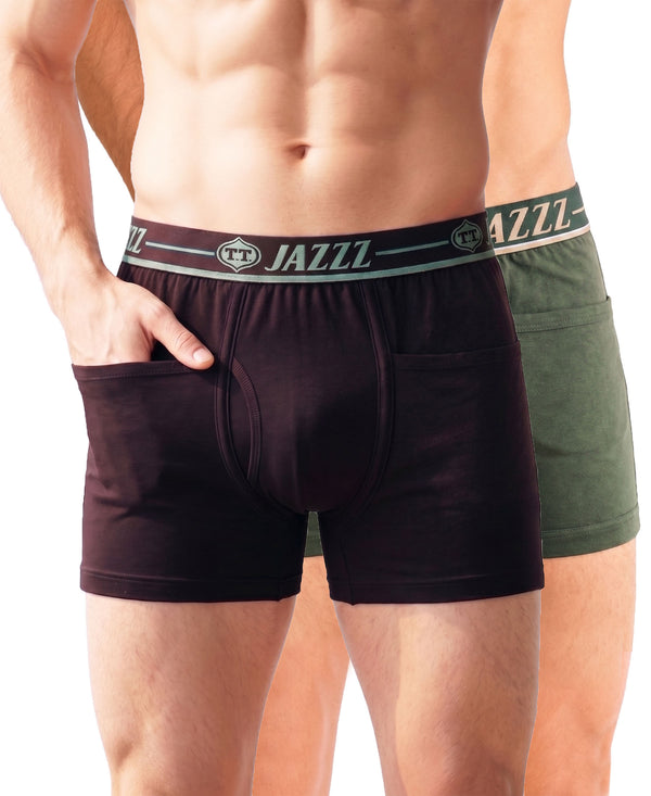 T.T. Jazzz Men’S Cotton Trunk With Outer Pocket|Comfortable Fit|Top Elastic Waistband|Pack Of 2|Dark Brown,Green