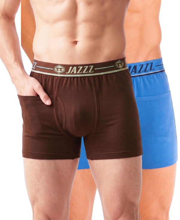 T.T. Jazzz Men’S Cotton Trunk With Outer Pocket|Comfortable Fit|Top Elastic Waistband|Pack Of 2|Brown,Sky Blue