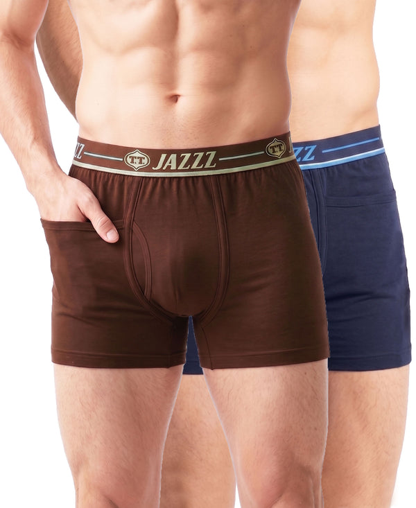 T.T. Jazzz Men’S Cotton Trunk With Outer Pocket|Comfortable Fit|Top Elastic Waistband|Pack Of 2|Brown,Navy