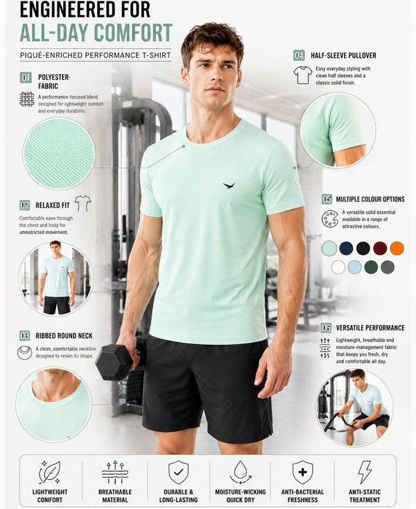 HiFlyers Men Regular Fit Polyster Pique Round Neck Half Sleev Tshirt Pista