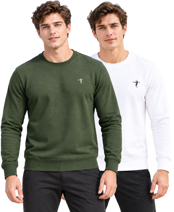 T.T. Men Classic Winter Essential T-Shirt|Polyester 180 Gsm|Regular Fit|Round Neck|Full Sleeve Tees|Pack Of 2|Olive,White
