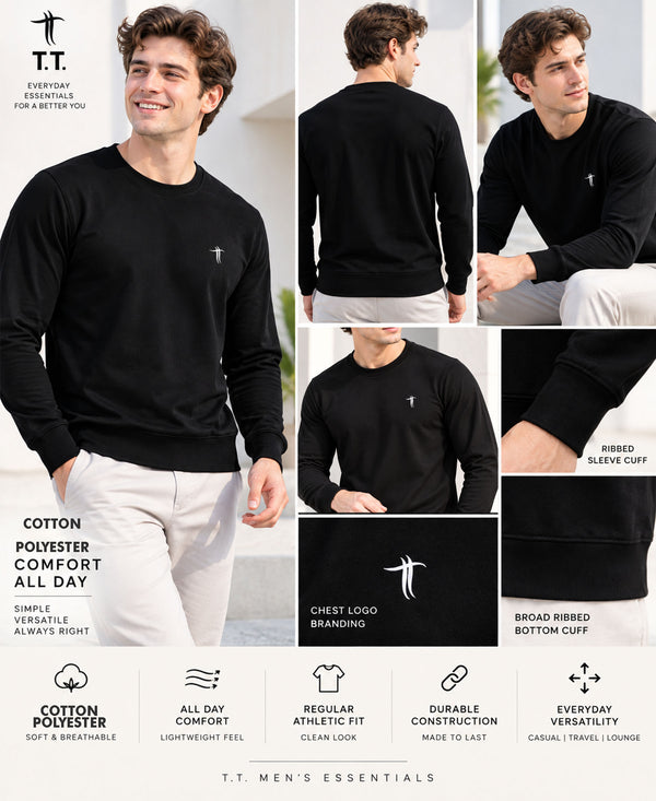 T.T. Men Classic Winter Essential T-Shirt|Polyester 180 Gsm|Regular Fit|Round Neck|Full Sleeve Tees|Pack Of 2|Black,Onion