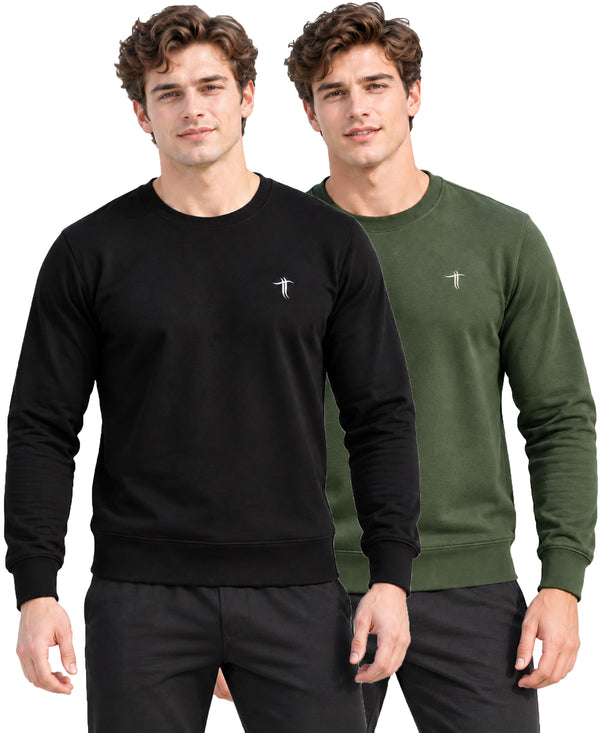 T.T. Men Classic Winter Essential T-Shirt|Polyester 180 Gsm|Regular Fit|Round Neck|Full Sleeve Tees|Pack Of 2|Black,Olive
