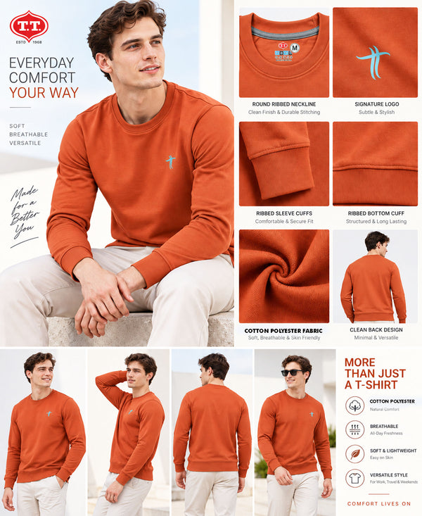 T.T. Men Classic Winter Essential T-Shirt|Polyester 180 Gsm|Regular Fit|Round Neck|Full Sleeve TeesRust