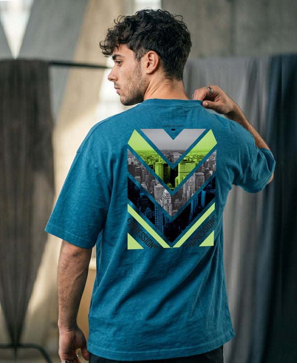 T.T. Men OversizedGraaphic Printed T-Shirt Teal Blue