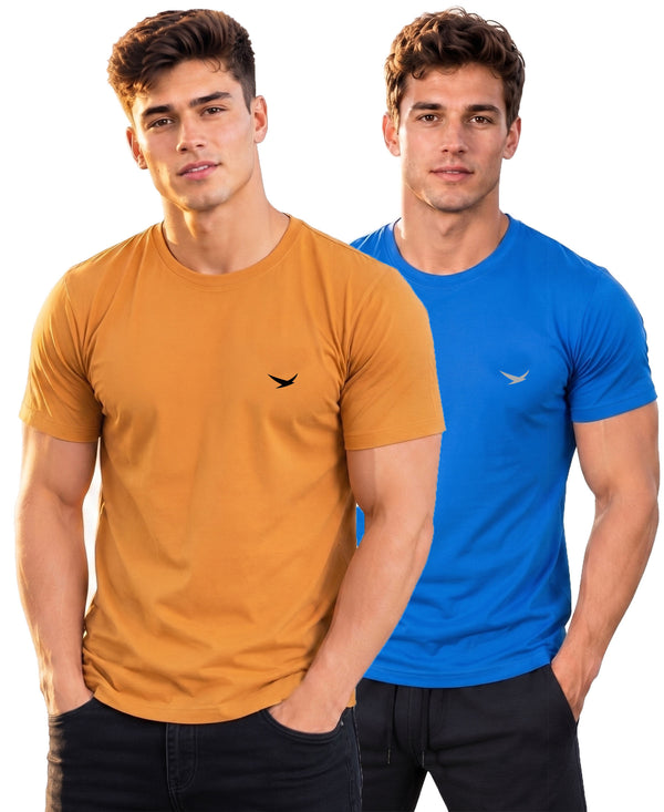 Hiflyers Men Regular Fit Cotton Round Neck T-Shirt |Pack Of 2|Mustard,Blue