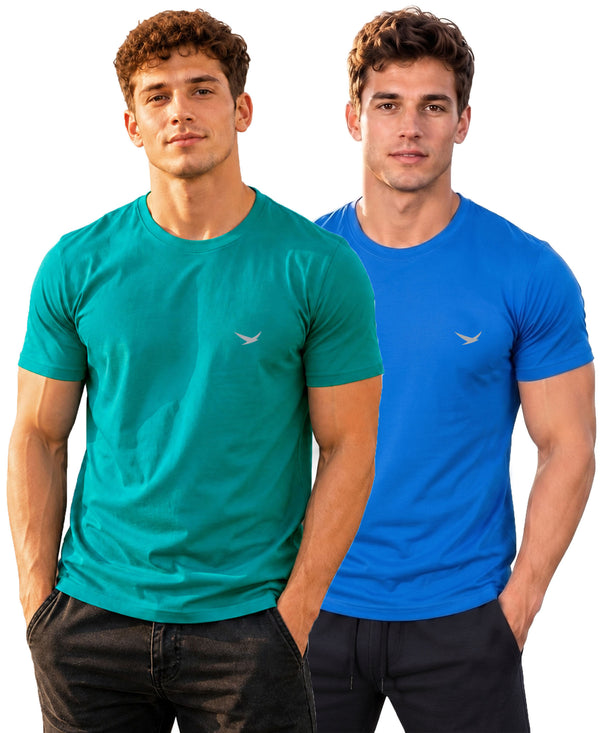 Hiflyers Men Regular Fit Cotton Round Neck T-Shirt |Pack Of 2|Teal Blue,Blue