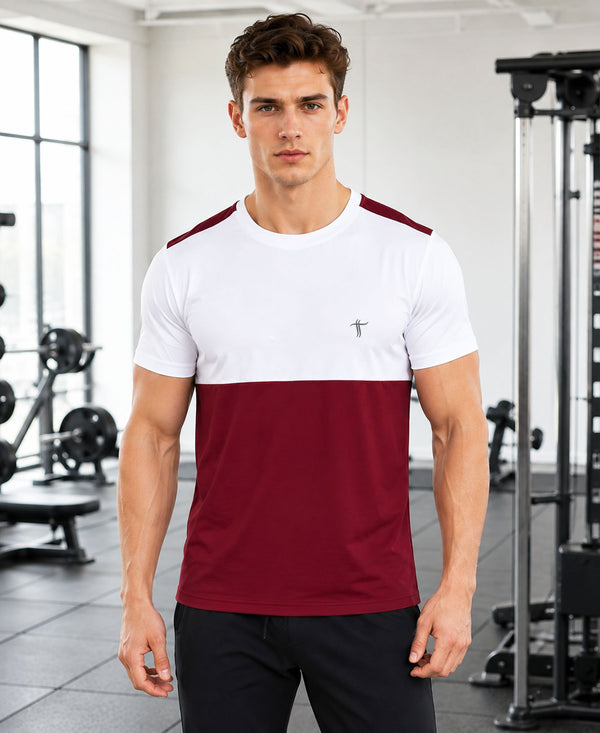 T.T. Men Dri-Fit Cut & Sew Design T-ShirtPack Of 1 Maroon-White