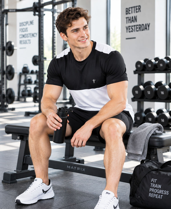 T.T. Men Dri-Fit Cut & Sew Design T-ShirtPack Of 1 White-Black