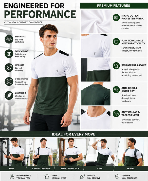 T.T. Men Dri-Fit Cut & Sew Design T-ShirtPack Of 1 Olive-White