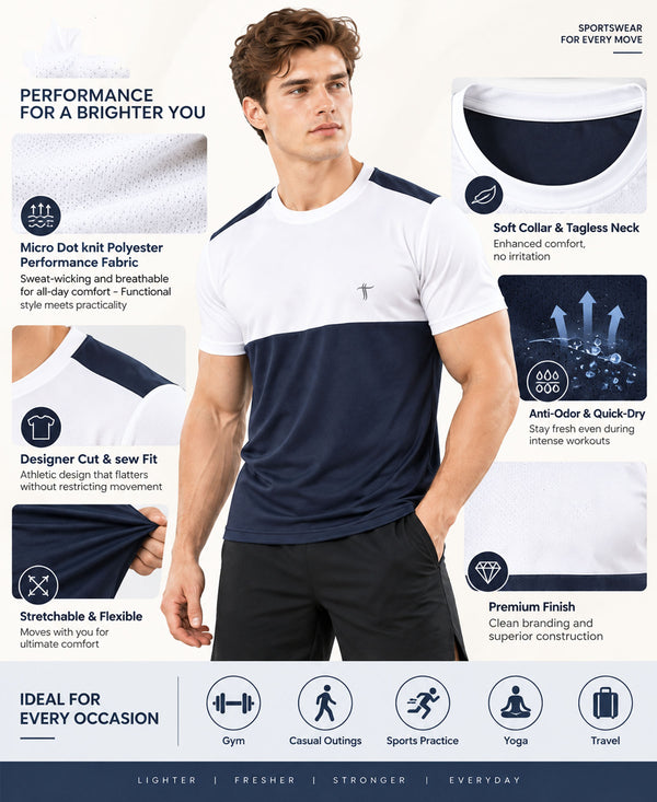 T.T. Men Dri-Fit Cut & Sew Design T-ShirtPack Of 1 Navy-White