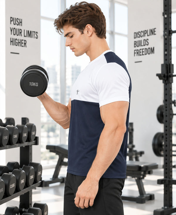 T.T. Men Dri-Fit Cut & Sew Design T-ShirtPack Of 1 Navy-White