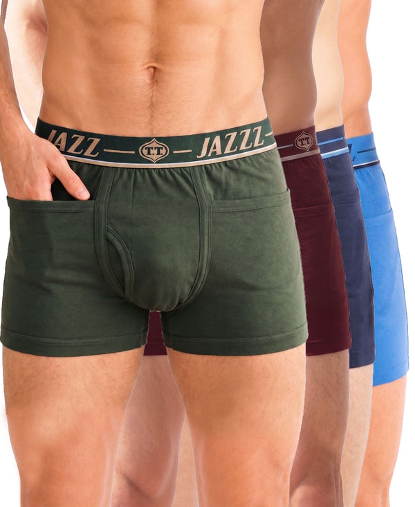 T.T. Jazzz Men’S Cotton Trunk With Outer Pocket|Pack Of 4|Green,Maroon,Navy,Sky Blue