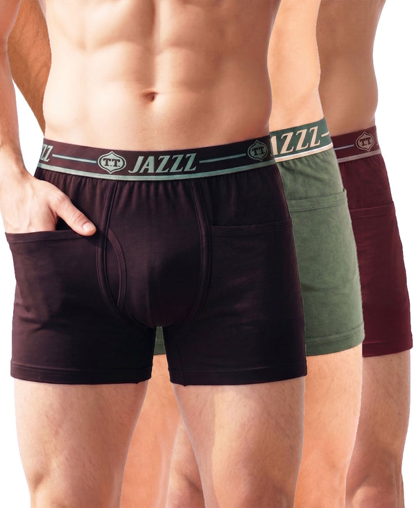 T.T. Jazzz Men’S Cotton Trunk With Outer Pocket|Pack Of 3|Dark Brown,Green,Maroon