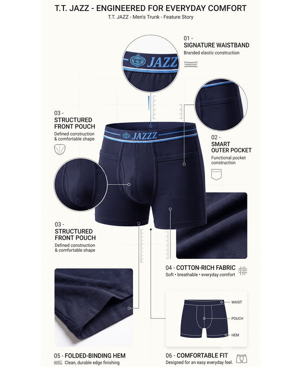 T.T. Jazzz Men’S Cotton Trunk With Outer Pocket|Pack Of 2|Black,Navy