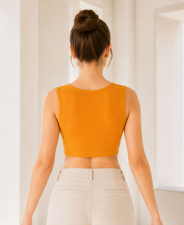 T.T. Women|Ribbed Crop Top|Sleeveless Round Neck Slim Fit Aesthetic Streetwear Top|Stretchable Cotton Fabric|Tshirt|Top||Mustard