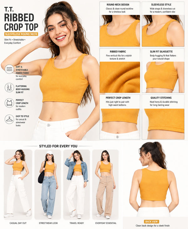 T.T. Women|Ribbed Crop Top|Sleeveless Round Neck Slim Fit Aesthetic Streetwear Top|Stretchable Cotton Fabric|Tshirt|Top||Mustard