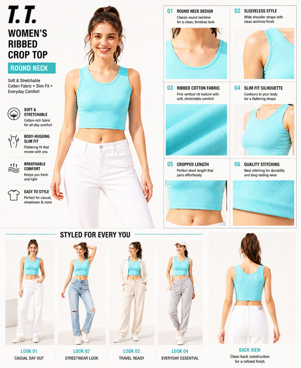 T.T. Women|Ribbed Crop Top|Sleeveless Round Neck Slim Fit Aesthetic Streetwear Top|Stretchable Cotton Fabric|Tshirt|Top||Mint