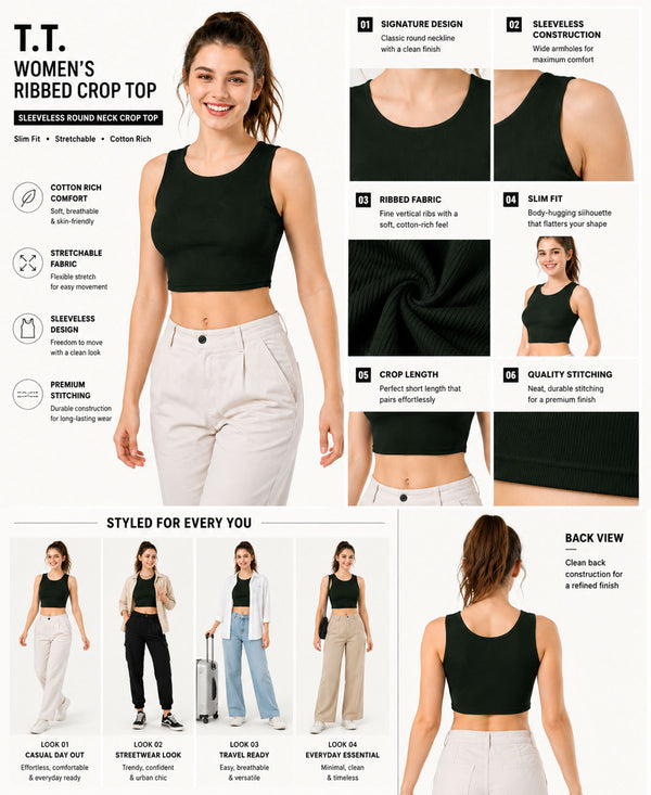 T.T. Women|Ribbed Crop Top|Sleeveless Round Neck Slim Fit Aesthetic Streetwear Top|Stretchable Cotton Fabric|Tshirt|Top||D.Green