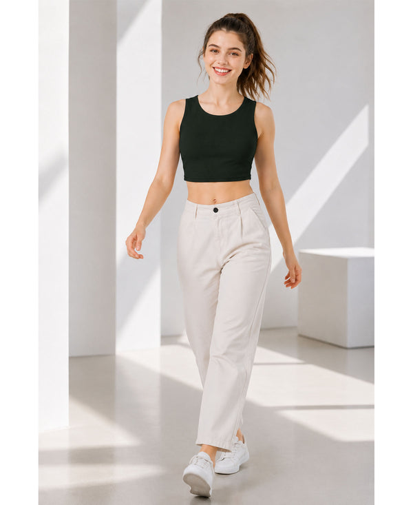 T.T. Women|Ribbed Crop Top|Sleeveless Round Neck Slim Fit Aesthetic Streetwear Top|Stretchable Cotton Fabric|Tshirt|Top||D.Green