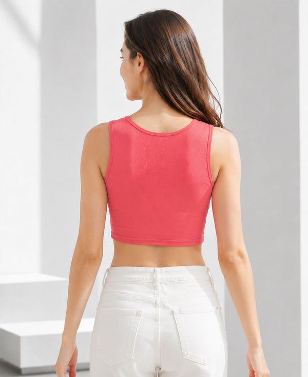 T.T. Women|Ribbed Crop Top|Sleeveless Round Neck Slim Fit Aesthetic Streetwear Top|Stretchable Cotton Fabric|Tshirt|Top||Coral