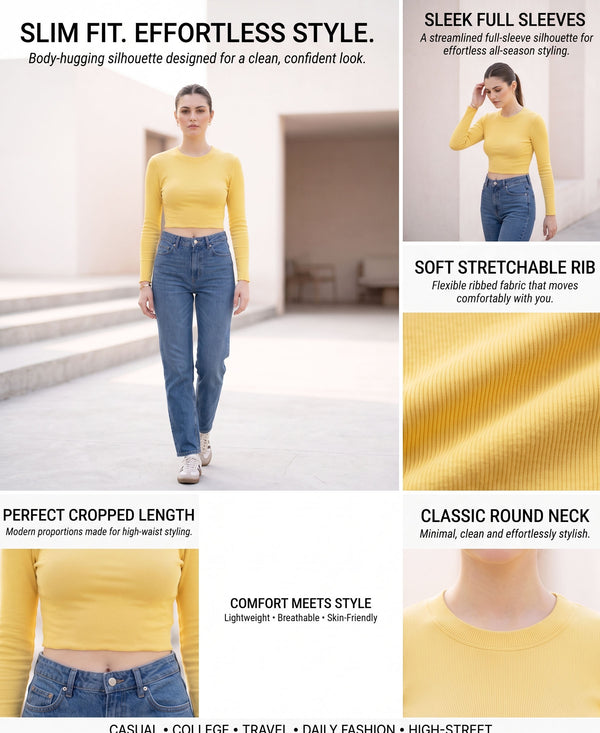 T.T. Women|Stylish Crop Top|Ribbed Slim Fit Full Sleeve Round Neck Trendy Casual Wear Top|Stretchable Cotton Fabric|Tshirt|Top||Yellow