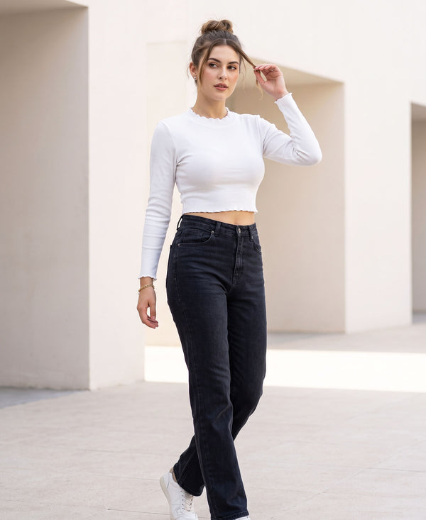 T.T. Women|Slim Fit Ribbed Top|Stretchable Cotton Rib Fabric| Trendy High Street Casual & Office Wear Full Sleeve Crop Tee|Desire Rib Tshirt For Women||White
