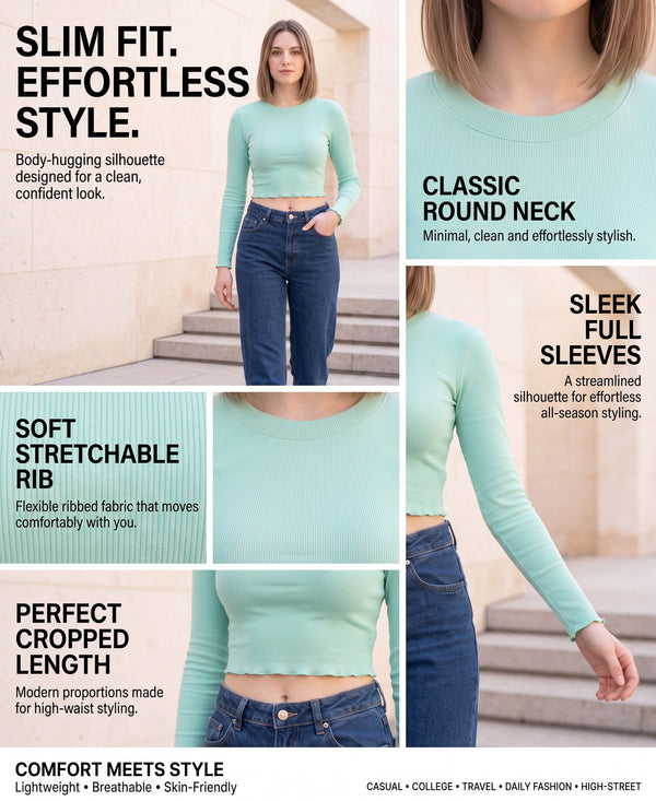 T.T. Women|Stylish Crop Top|Ribbed Slim Fit Full Sleeve Round Neck Trendy Casual Wear Top|Stretchable Cotton Fabric|Tshirt|Top||Tealblue