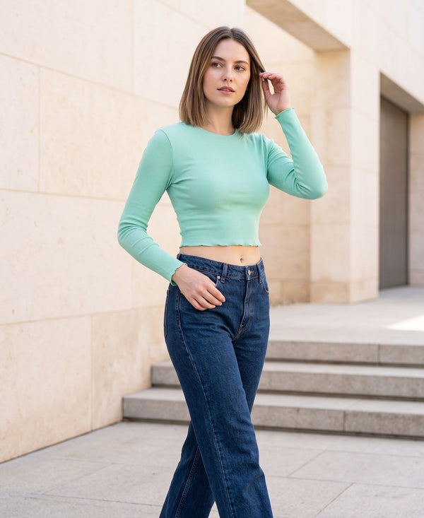 T.T. Women|Stylish Crop Top|Ribbed Slim Fit Full Sleeve Round Neck Trendy Casual Wear Top|Stretchable Cotton Fabric|Tshirt|Top||Tealblue