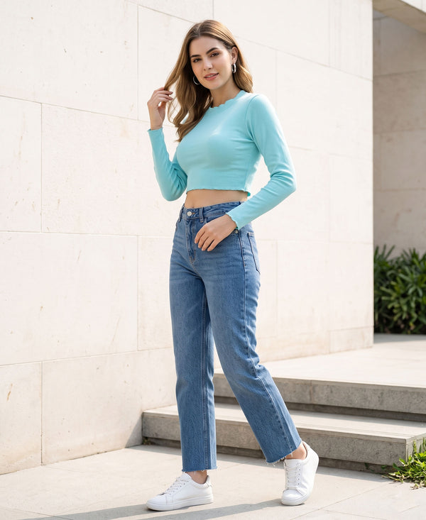 T.T. Women|Slim Fit Ribbed Top|Stretchable Cotton Rib Fabric| Trendy High Street Casual & Office Wear Full Sleeve Crop Tee|Desire Rib Tshirt For Women||Sea Green