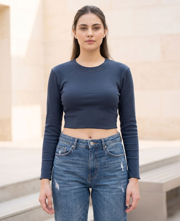 T.T. Women|Stylish Crop Top|Ribbed Slim Fit Full Sleeve Round Neck Trendy Casual Wear Top|Stretchable Cotton Fabric|Tshirt|Top||Royal Blue