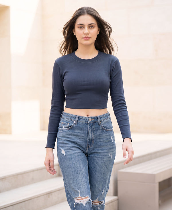 T.T. Women|Stylish Crop Top|Ribbed Slim Fit Full Sleeve Round Neck Trendy Casual Wear Top|Stretchable Cotton Fabric|Tshirt|Top||Royal Blue