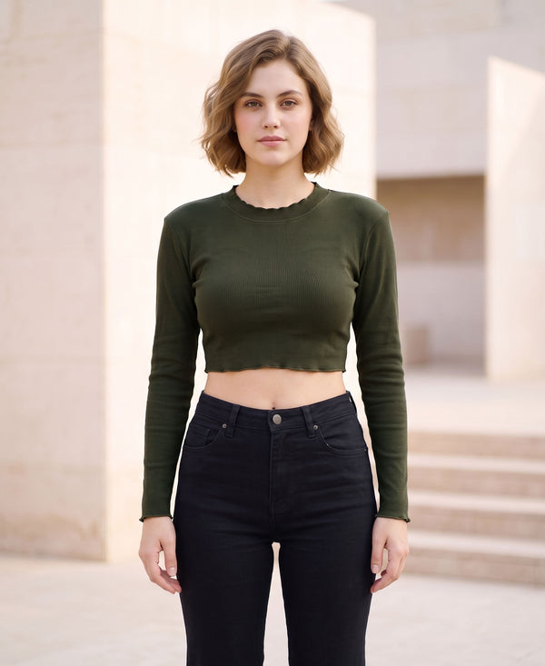 T.T. Women|Slim Fit Ribbed Top|Stretchable Cotton Rib Fabric| Trendy High Street Casual & Office Wear Full Sleeve Crop Tee|Desire Rib Tshirt For Women||Olive