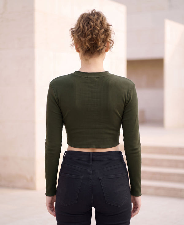 T.T. Women|Slim Fit Ribbed Top|Stretchable Cotton Rib Fabric| Trendy High Street Casual & Office Wear Full Sleeve Crop Tee|Desire Rib Tshirt For Women||Olive