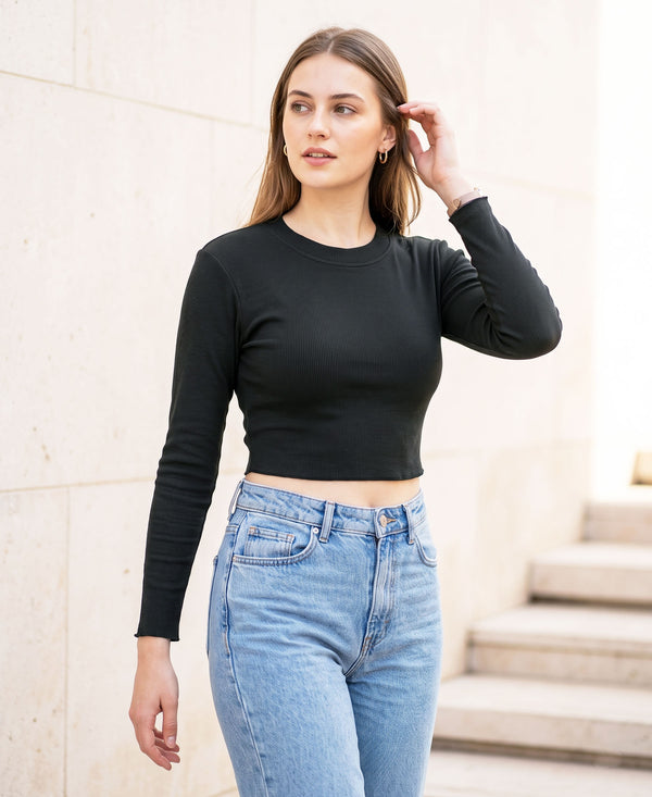 T.T. Women|Stylish Crop Top|Ribbed Slim Fit Full Sleeve Round Neck Trendy Casual Wear Top|Stretchable Cotton Fabric|Tshirt|Top||D.Grey